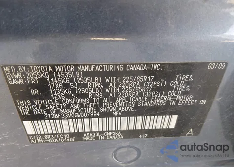 2009 Toyota Rav4 from USA, damaged, VIN 2T3BF33V09W007894